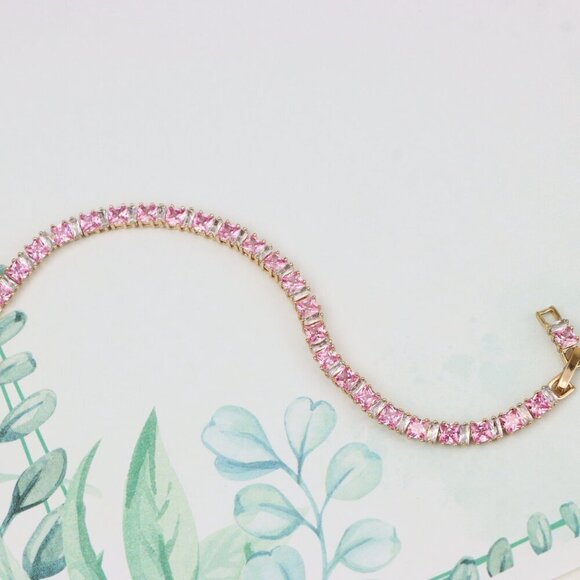 "Rose Gold Tennis Bracelet with Pink Square CZ Stones, Elegant Design, XPBL0740 - Picture 2 of 12